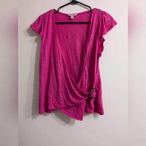 Banana Republic 100% linen lightweight magenta pink top with tortoise detail S - Picture 3 of 9